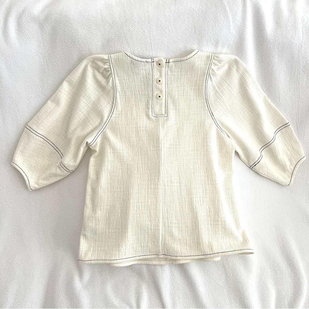 Anthropologie Current Air Cream Textured Peasant Puff Sleeve Top - Picture 2 of 10